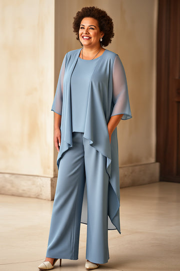 Dusty Blue Chiffon Round Neck Plus Size Mother Of The Bride Pantsuits